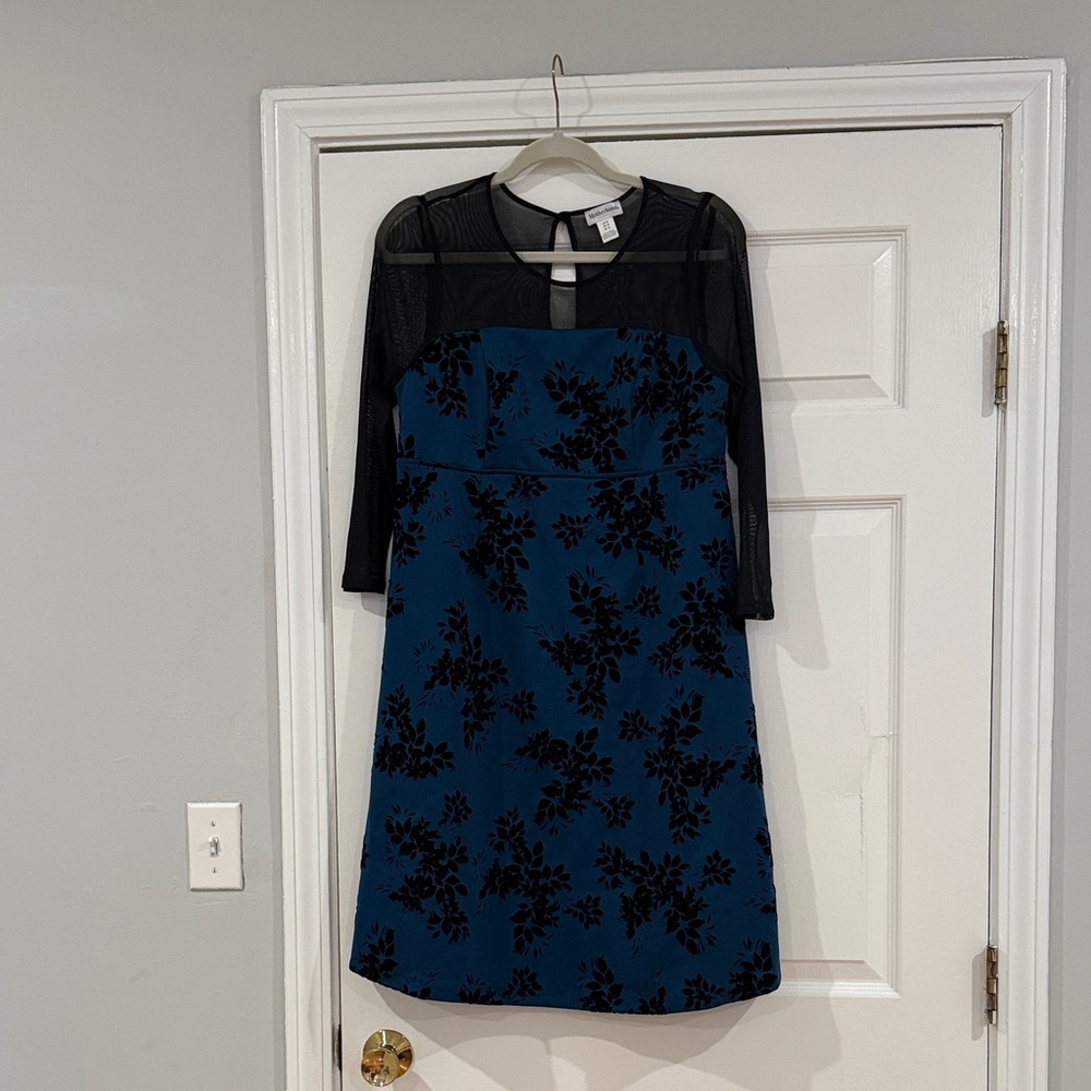 Elegant Motherhood Maternity Black Velvet and Blue Floral Dress